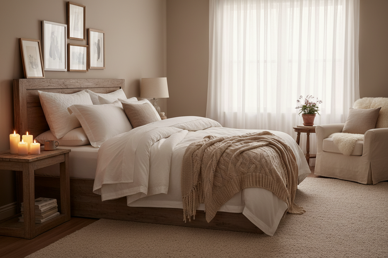 Hyvät yöunet, houkutteleva sänky, hygge, ei ihmisiä