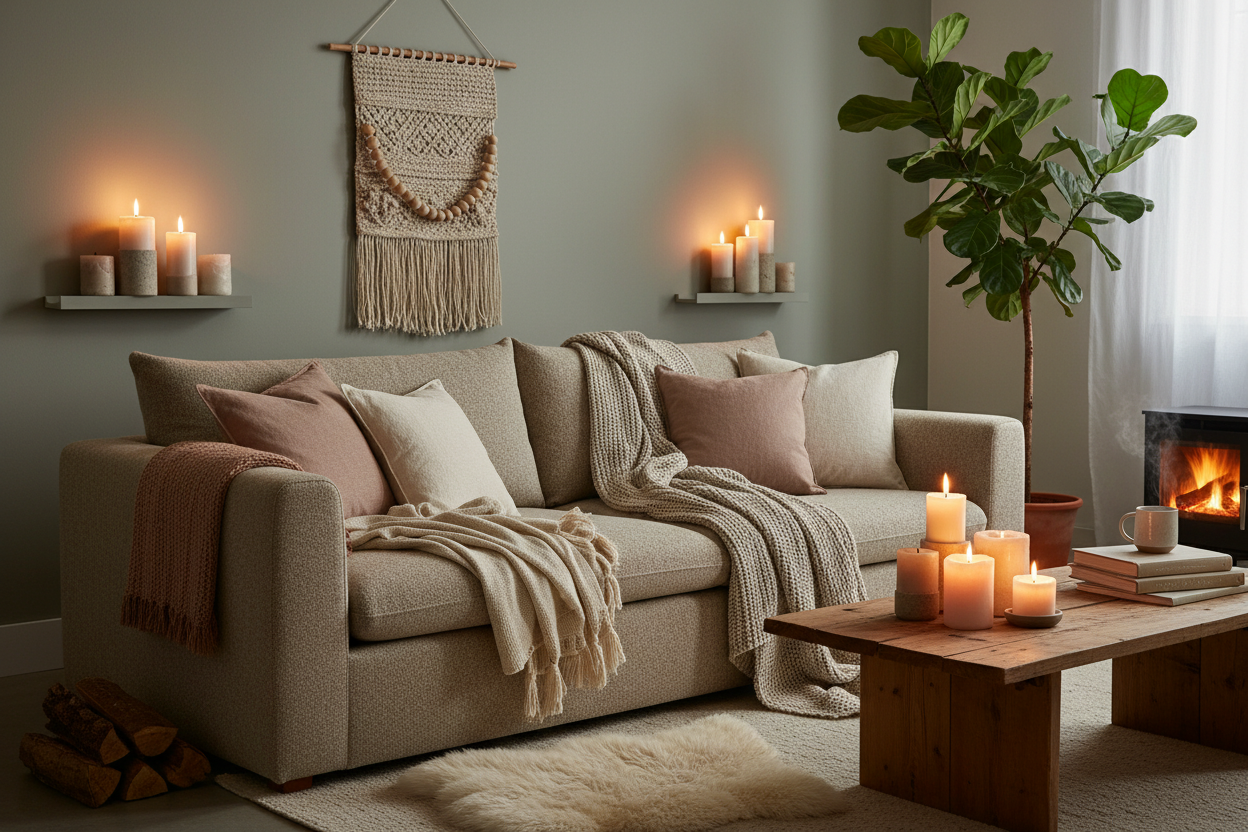 Lämmin tunnelma, hygge, sohva, kynttilöitä